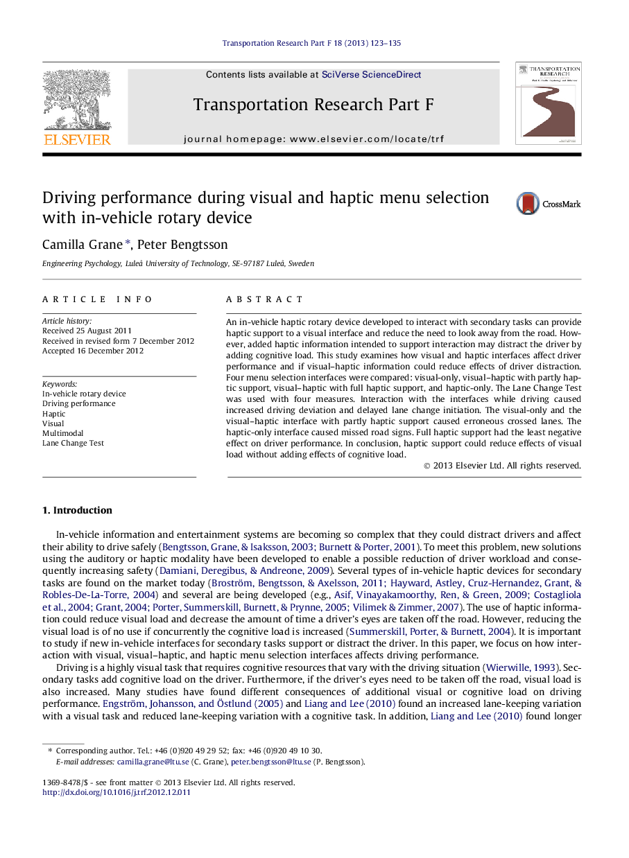 Driving performance during visual and haptic menu selection with in-vehicle rotary device