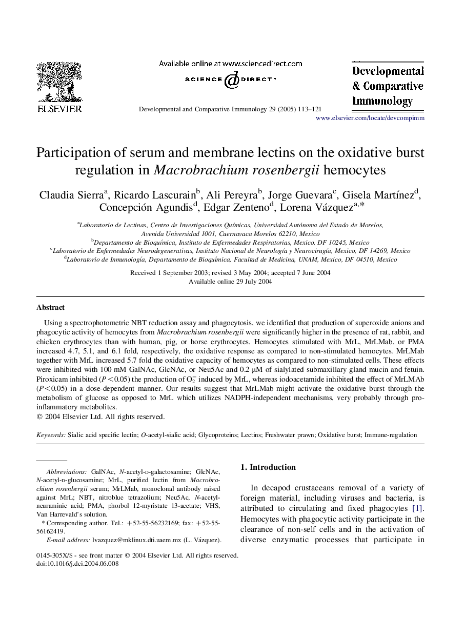 Participation of serum and membrane lectins on the oxidative burst regulation in Macrobrachium rosenbergii hemocytes