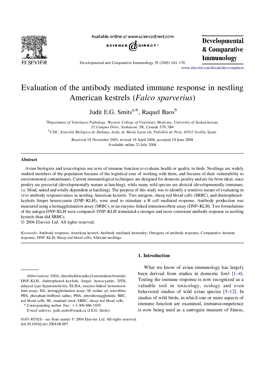 Evaluation of the antibody mediated immune response in nestling American kestrels (Falco sparverius)