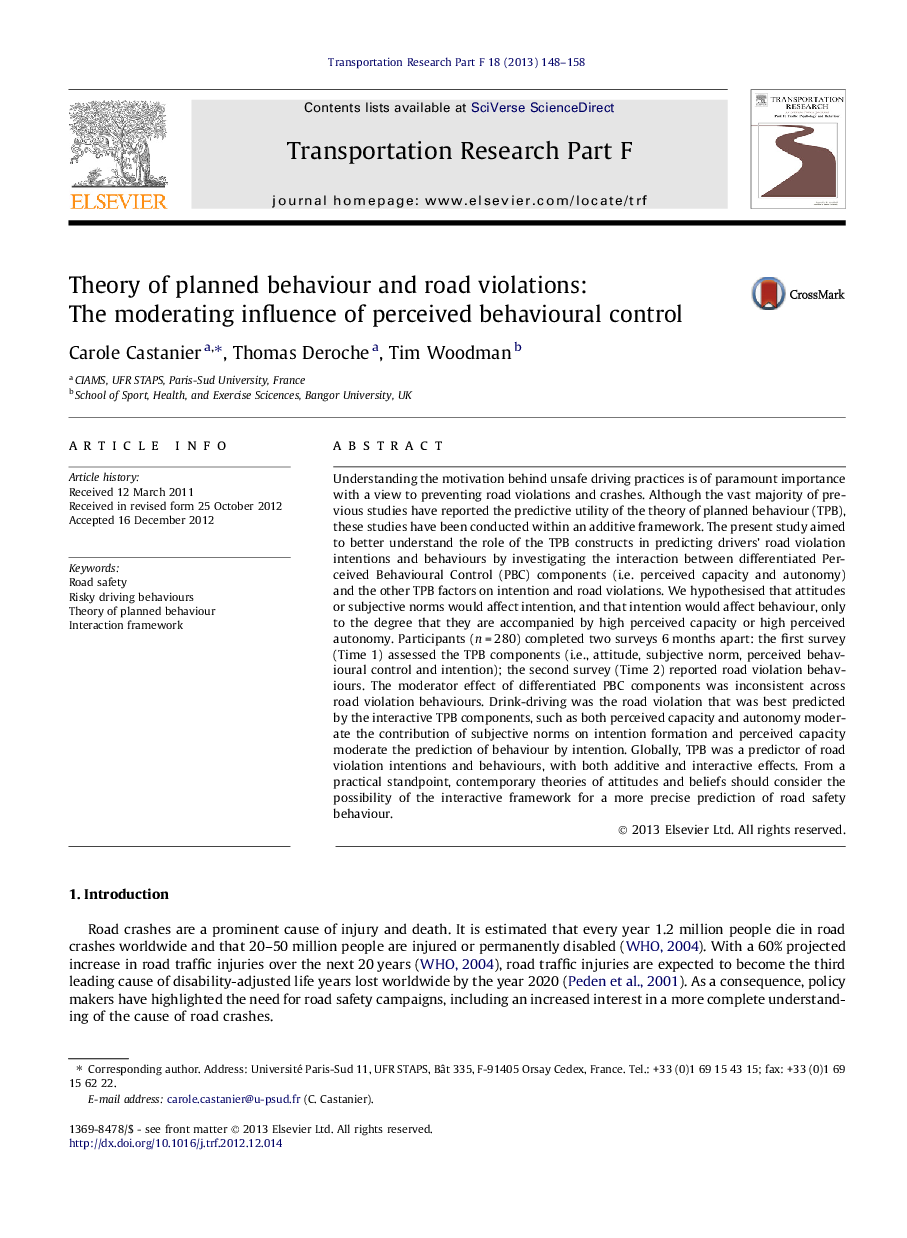 Theory of planned behaviour and road violations: The moderating influence of perceived behavioural control