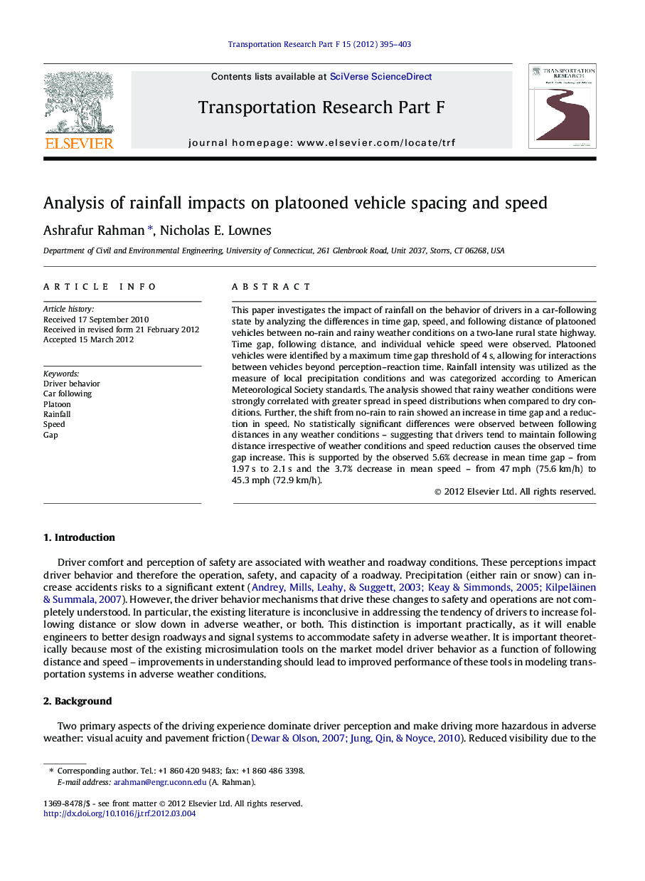 Analysis of rainfall impacts on platooned vehicle spacing and speed