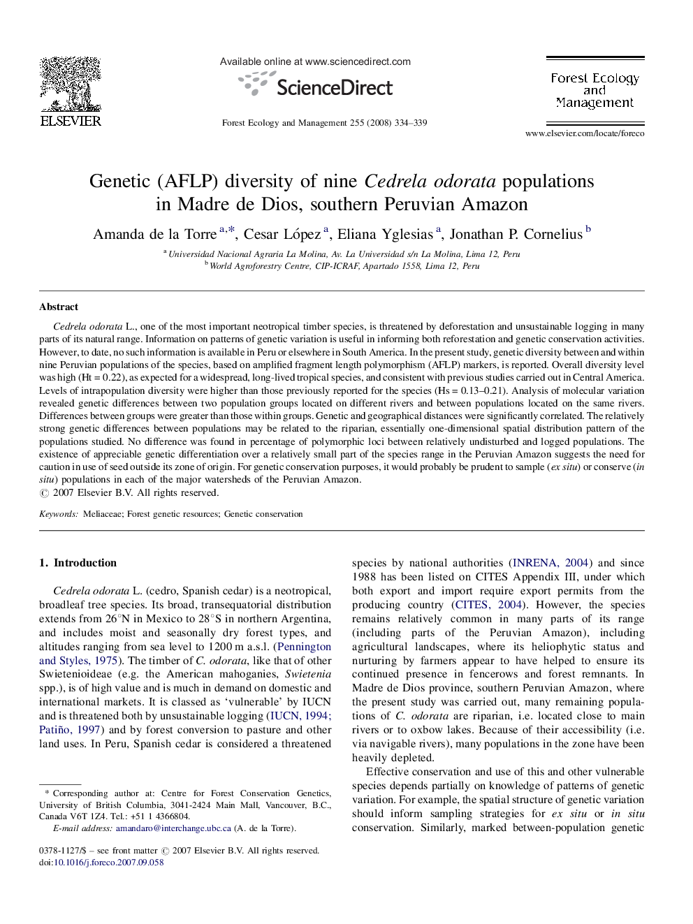 Genetic (AFLP) diversity of nine Cedrela odorata populations in Madre de Dios, southern Peruvian Amazon