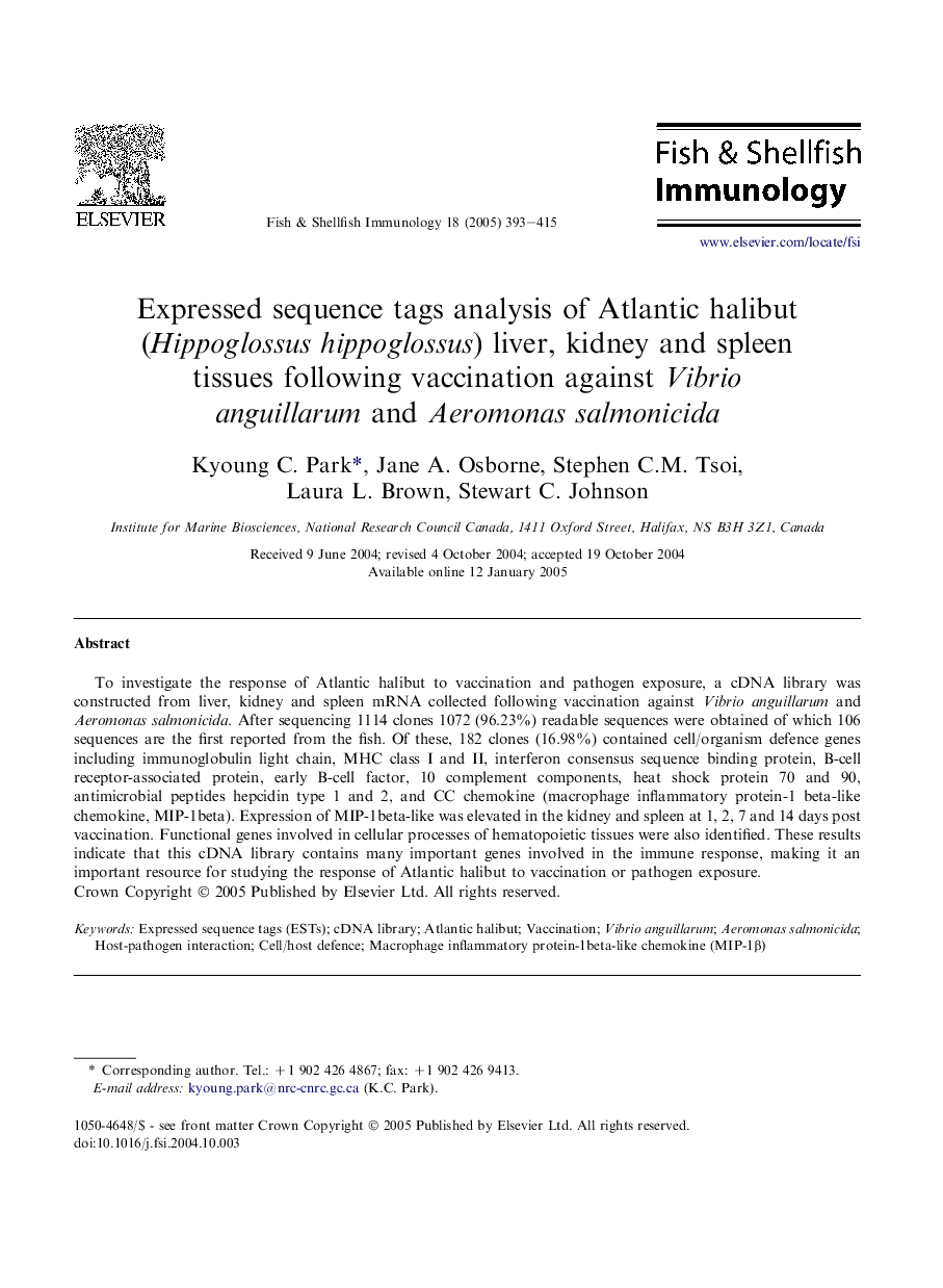 Expressed sequence tags analysis of Atlantic halibut (Hippoglossus hippoglossus) liver, kidney and spleen tissues following vaccination against Vibrio anguillarum and Aeromonas salmonicida