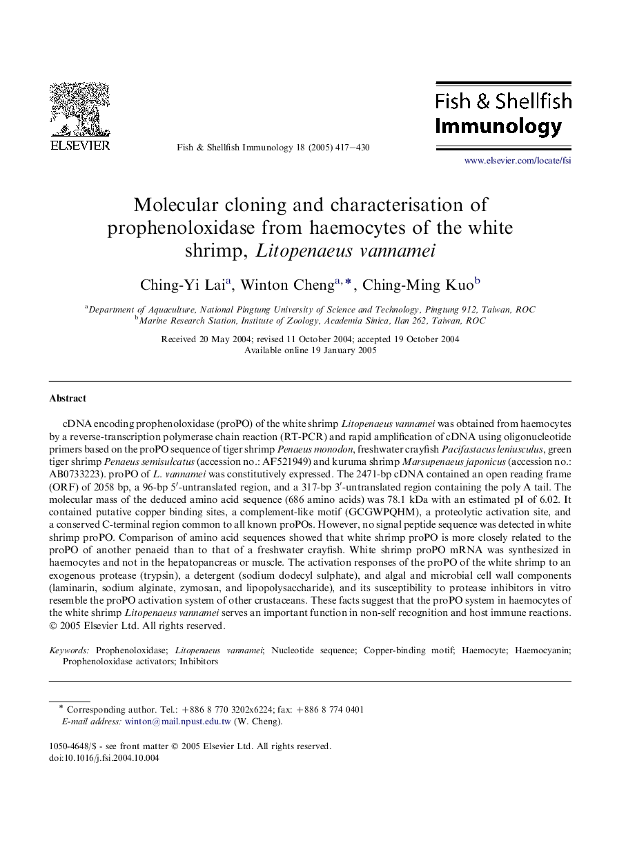 Molecular cloning and characterisation of prophenoloxidase from haemocytes of the white shrimp, Litopenaeus vannamei