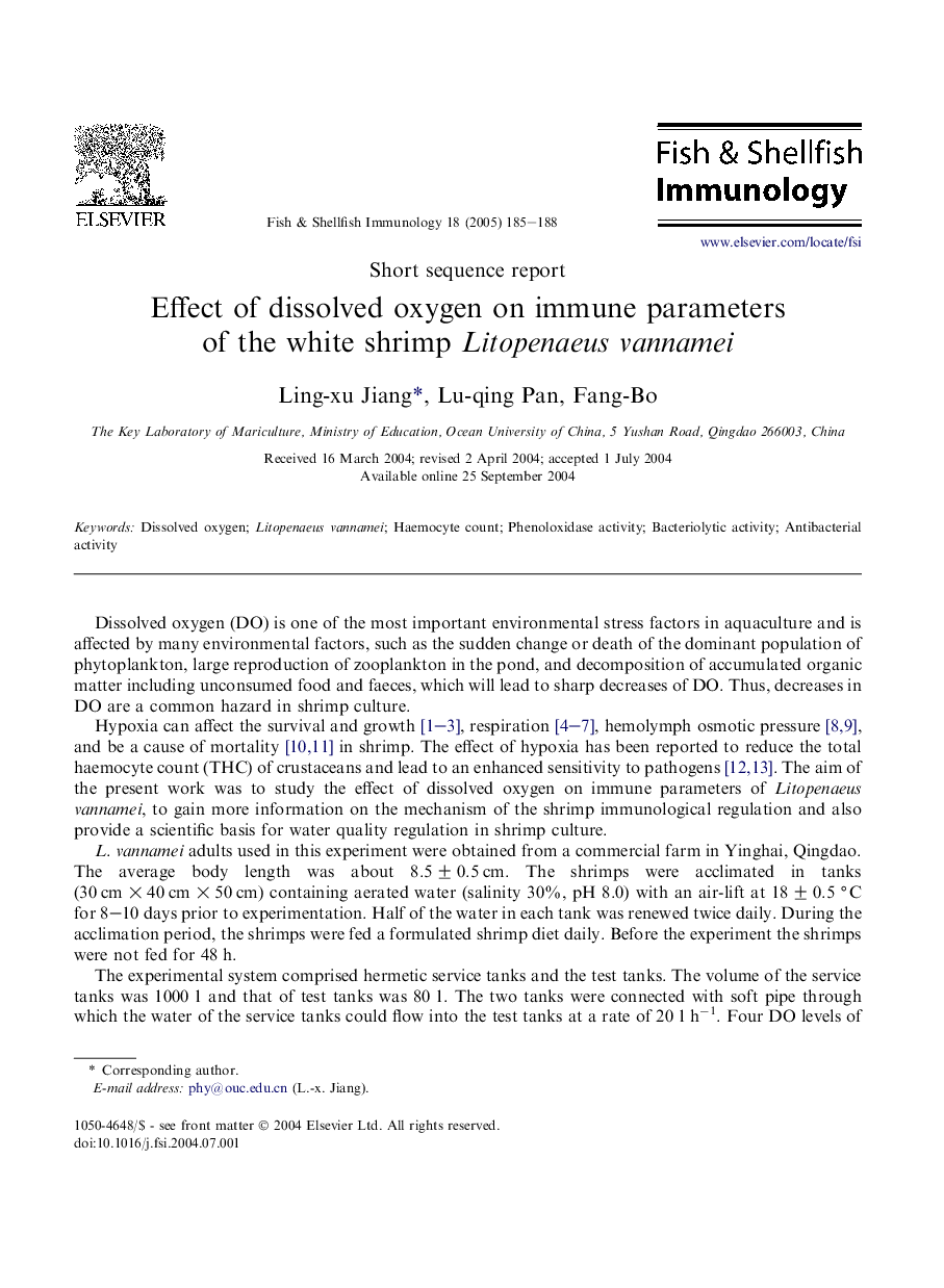 Effect of dissolved oxygen on immune parameters of the white shrimp Litopenaeus vannamei