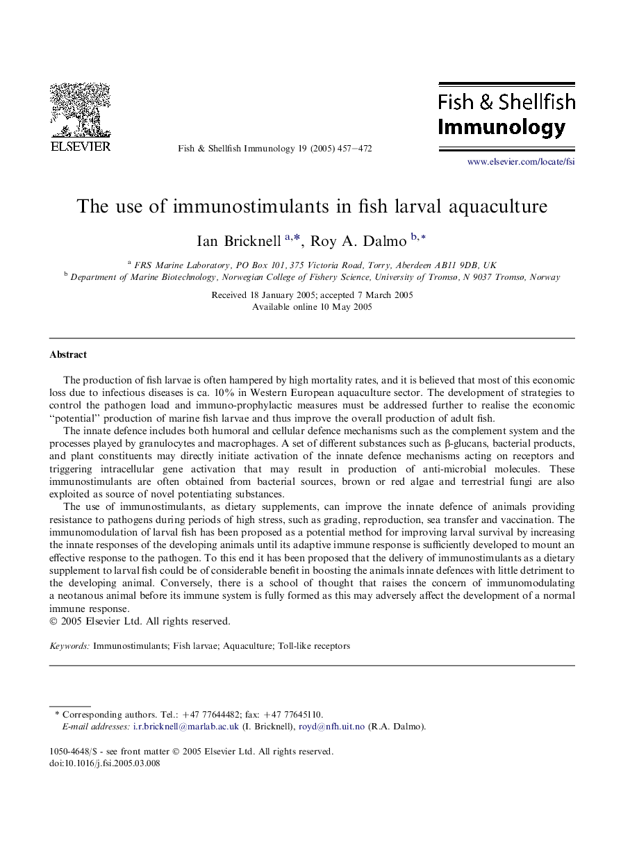 The use of immunostimulants in fish larval aquaculture