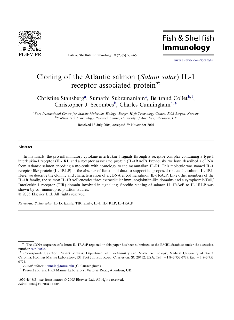 Cloning of the Atlantic salmon (Salmo salar) IL-1 receptor associated protein