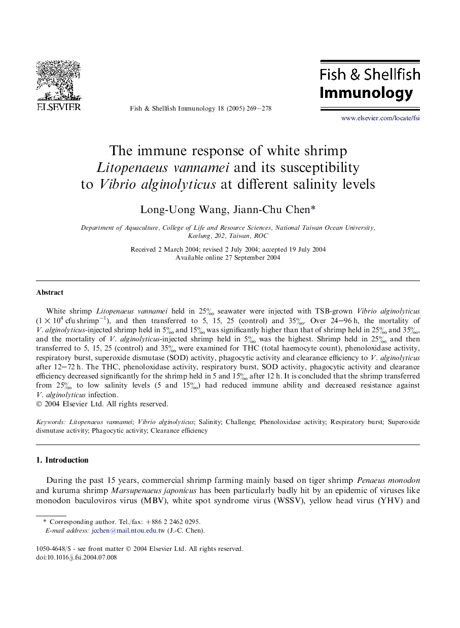 The immune response of white shrimp Litopenaeus vannamei and its susceptibility to Vibrio alginolyticus at different salinity levels