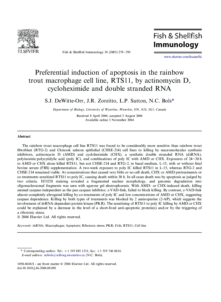 Preferential induction of apoptosis in the rainbow trout macrophage cell line, RTS11, by actinomycin D, cycloheximide and double stranded RNA