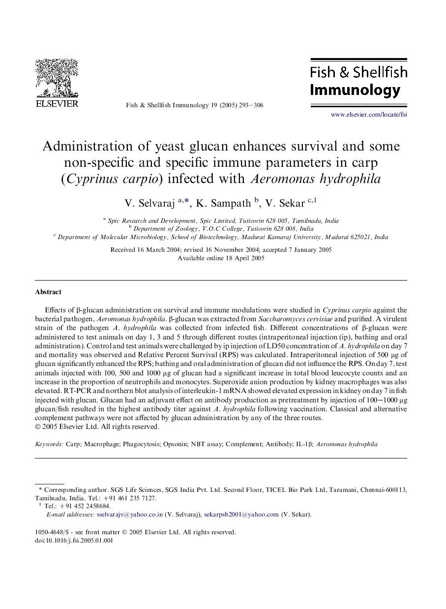 Administration of yeast glucan enhances survival and some non-specific and specific immune parameters in carp (Cyprinus carpio) infected with Aeromonas hydrophila