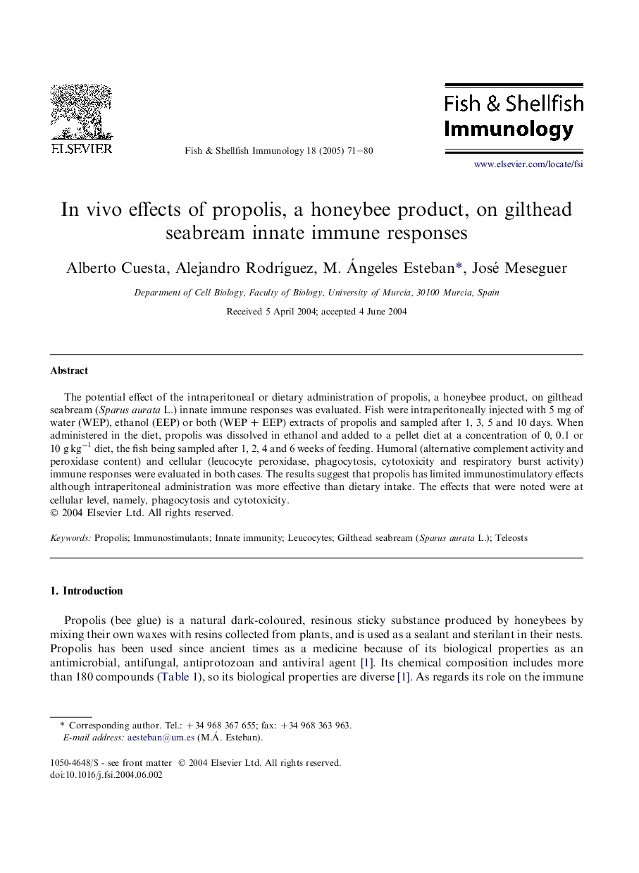 In vivo effects of propolis, a honeybee product, on gilthead seabream innate immune responses