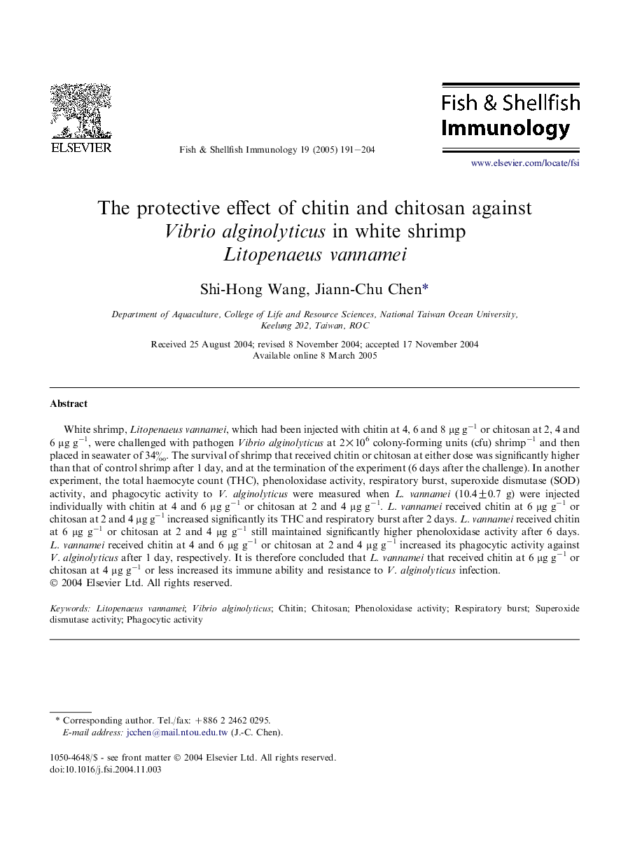 The protective effect of chitin and chitosan against Vibrio alginolyticus in white shrimp Litopenaeus vannamei