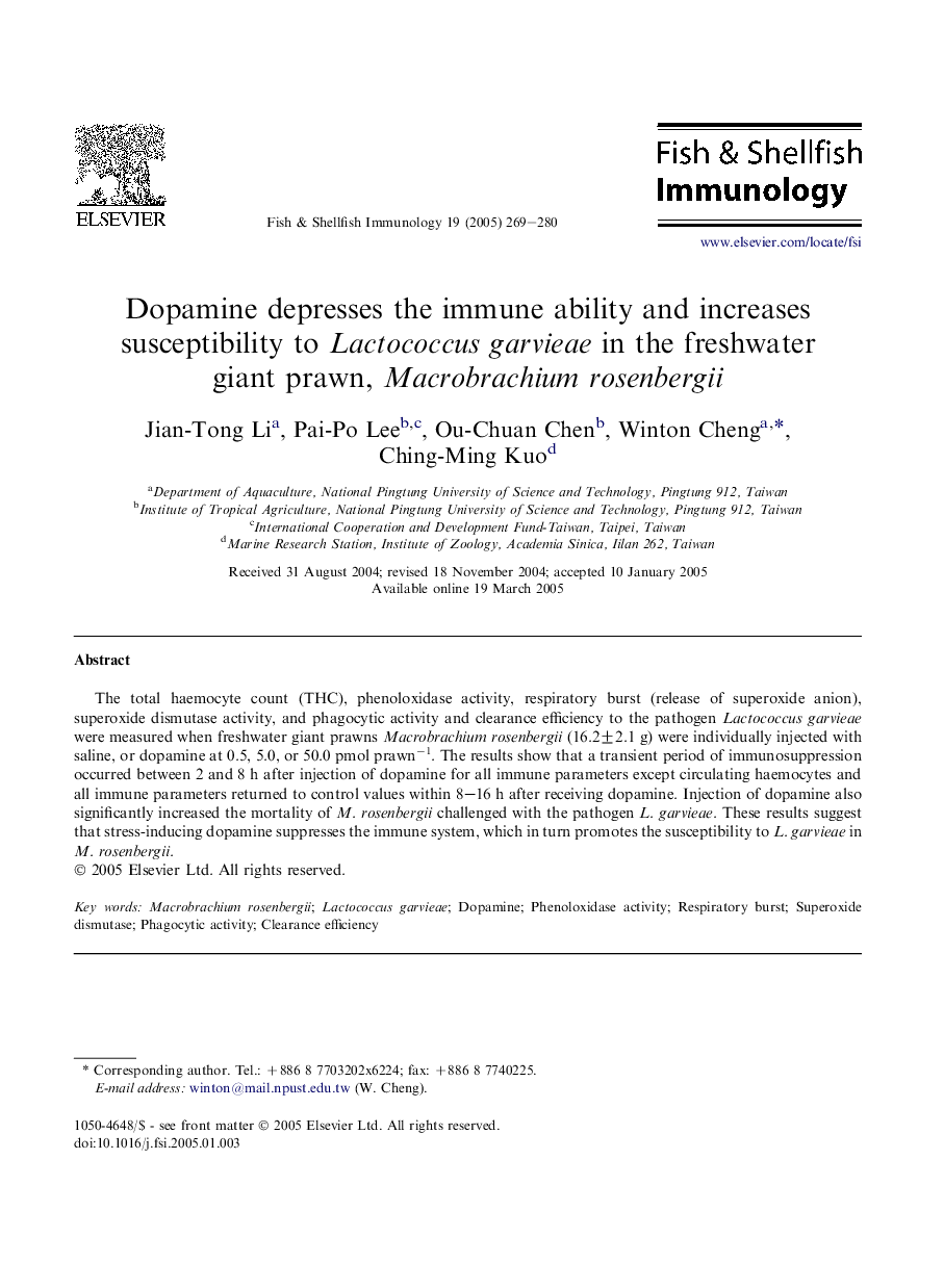 Dopamine depresses the immune ability and increases susceptibility to Lactococcus garvieae in the freshwater giant prawn, Macrobrachium rosenbergii