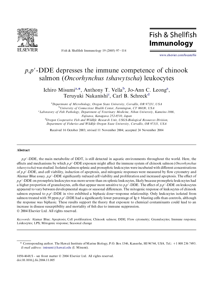 p,pâ²-DDE depresses the immune competence of chinook salmon (Oncorhynchus tshawytscha) leukocytes