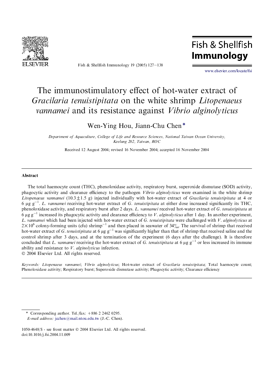 The immunostimulatory effect of hot-water extract of Gracilaria tenuistipitata on the white shrimp Litopenaeus vannamei and its resistance against Vibrio alginolyticus