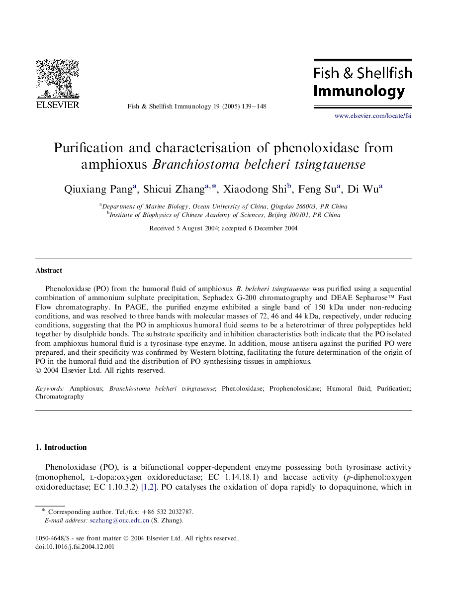 Purification and characterisation of phenoloxidase from amphioxus Branchiostoma belcheri tsingtauense