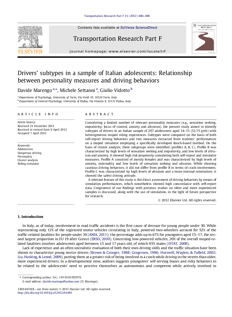 Drivers’ subtypes in a sample of Italian adolescents: Relationship between personality measures and driving behaviors