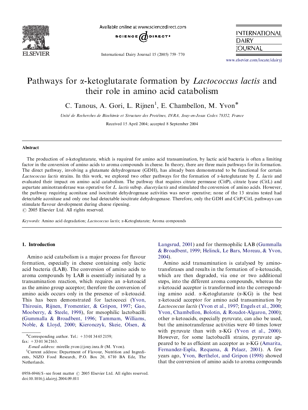 Pathways for Î±-ketoglutarate formation by Lactococcus lactis and their role in amino acid catabolism