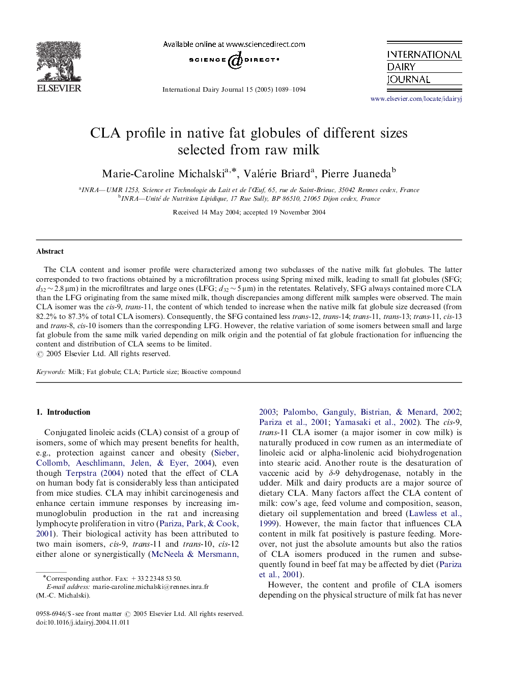 CLA profile in native fat globules of different sizes selected from raw milk