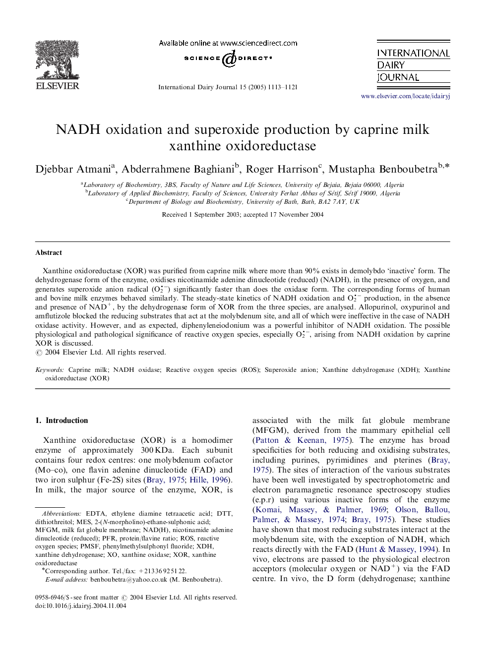 NADH oxidation and superoxide production by caprine milk xanthine oxidoreductase