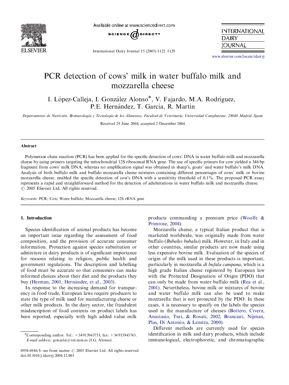 PCR detection of cows' milk in water buffalo milk and mozzarella cheese