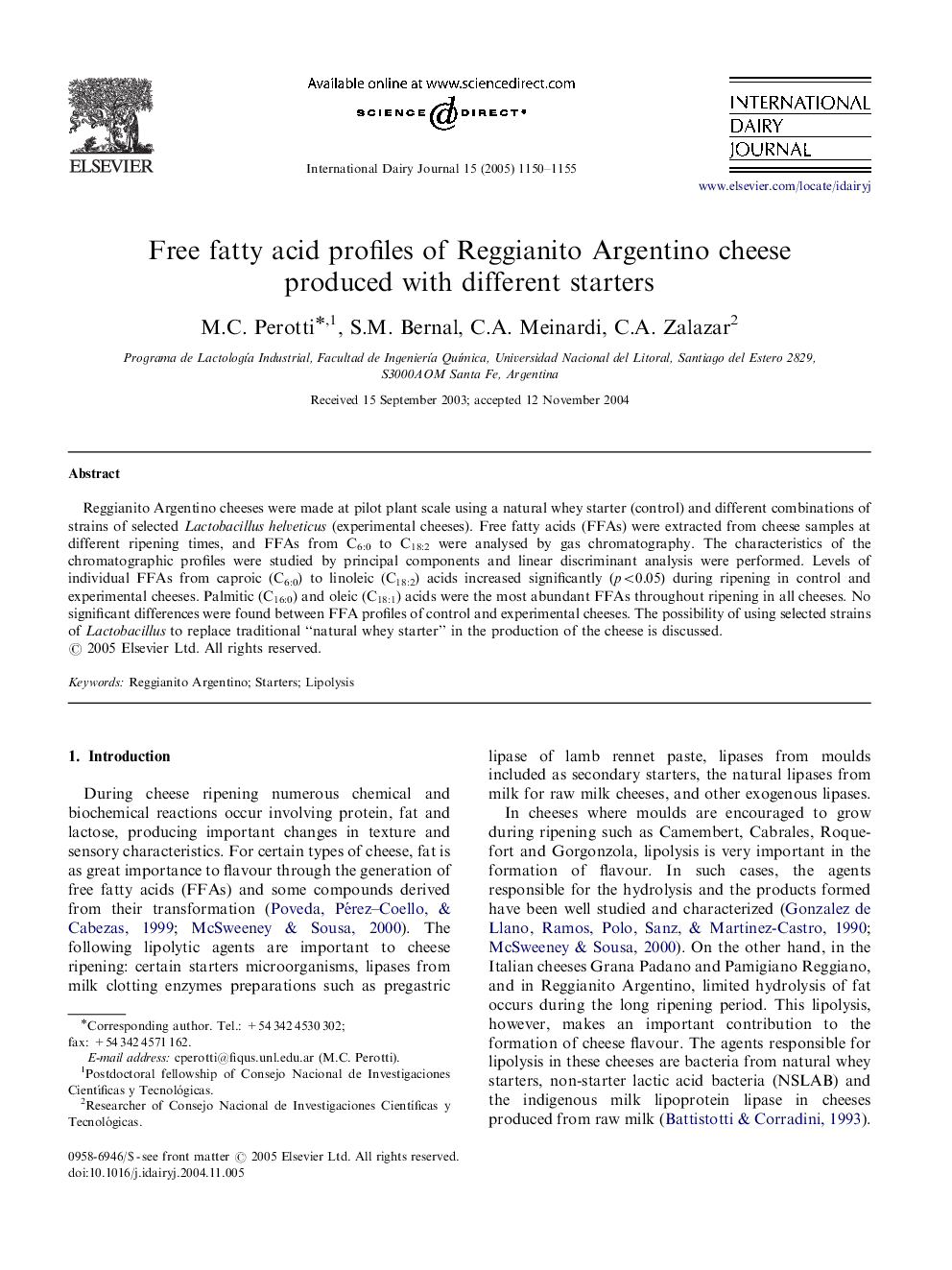 Free fatty acid profiles of Reggianito Argentino cheese produced with different starters