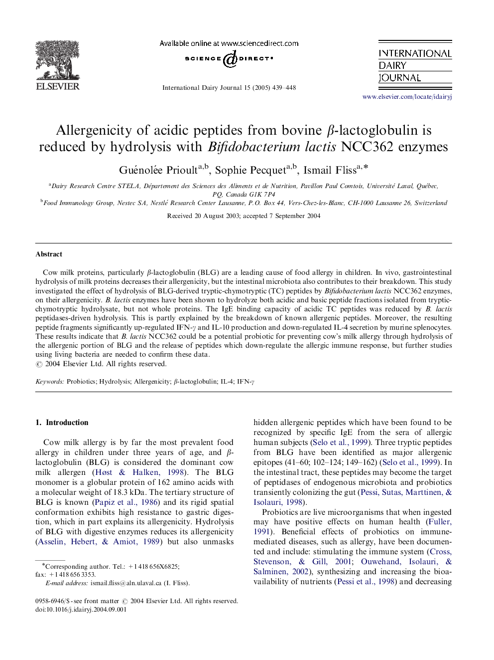 Allergenicity of acidic peptides from bovine Î²-lactoglobulin is reduced by hydrolysis with Bifidobacterium lactis NCC362 enzymes