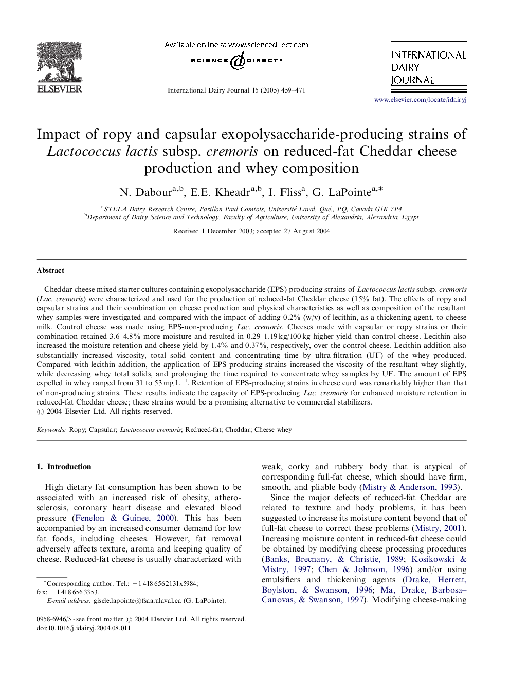 Impact of ropy and capsular exopolysaccharide-producing strains of Lactococcus lactis subsp. cremoris on reduced-fat Cheddar cheese production and whey composition