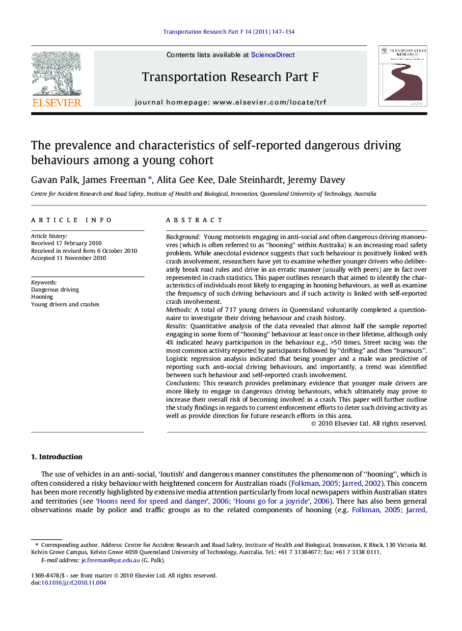 The prevalence and characteristics of self-reported dangerous driving behaviours among a young cohort