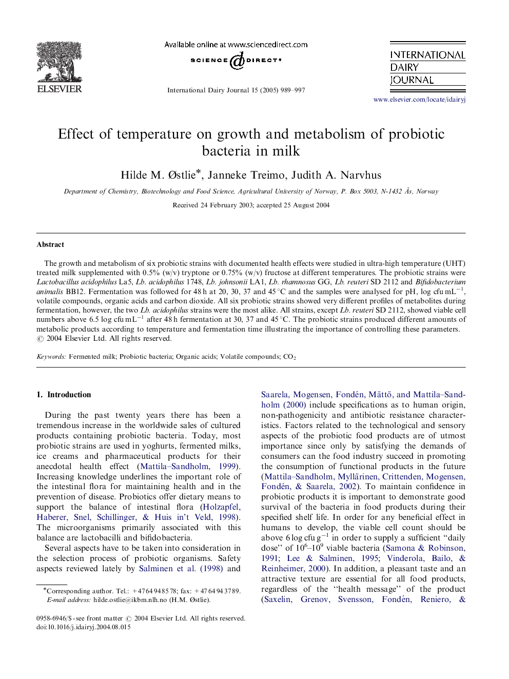 Effect of temperature on growth and metabolism of probiotic bacteria in milk