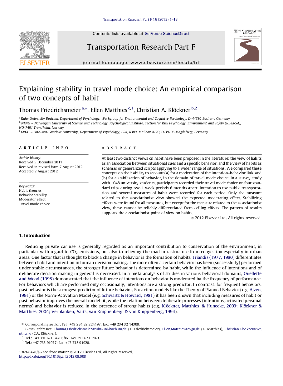 Explaining stability in travel mode choice: An empirical comparison of two concepts of habit