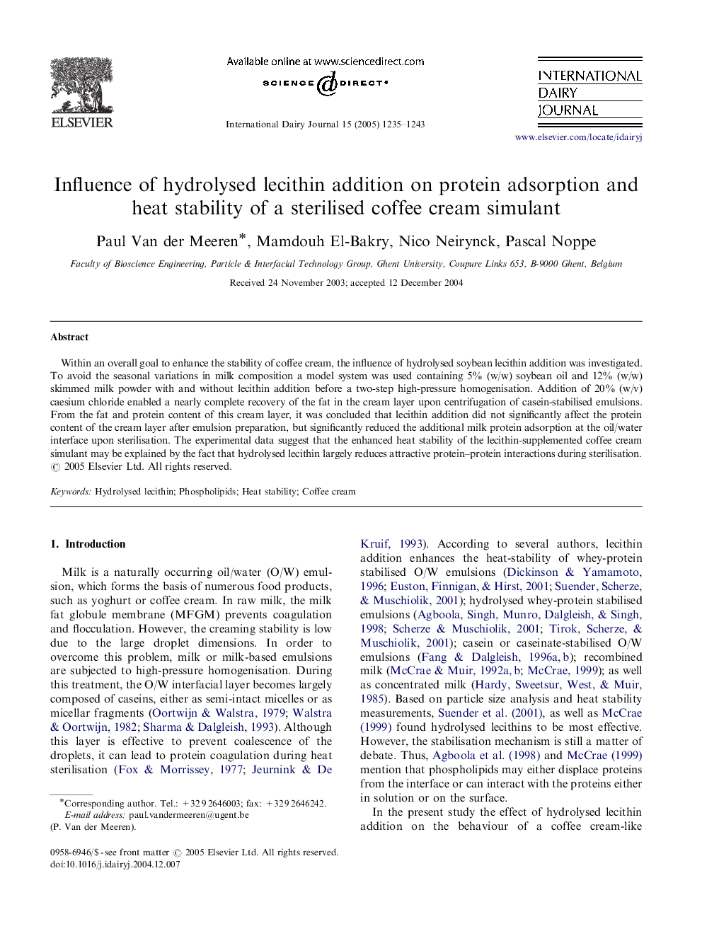 Influence of hydrolysed lecithin addition on protein adsorption and heat stability of a sterilised coffee cream simulant