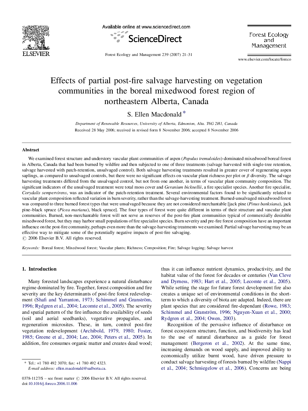 عکس صفحه اول مقاله: Effects of partial post-fire salvage harvesting on vegetation communities in the boreal mixedwood forest region of northeastern Alberta, Canada Effects of partial post-fire salvage harvesting on vegetation communities in the boreal mixedwood forest region of northeastern Alberta, Canada