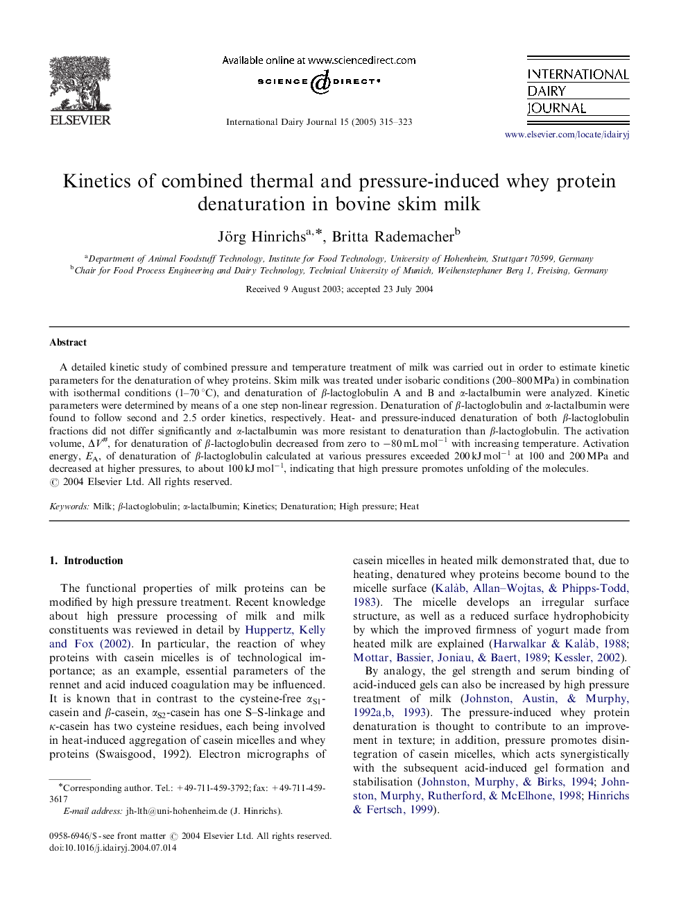 Kinetics of combined thermal and pressure-induced whey protein denaturation in bovine skim milk