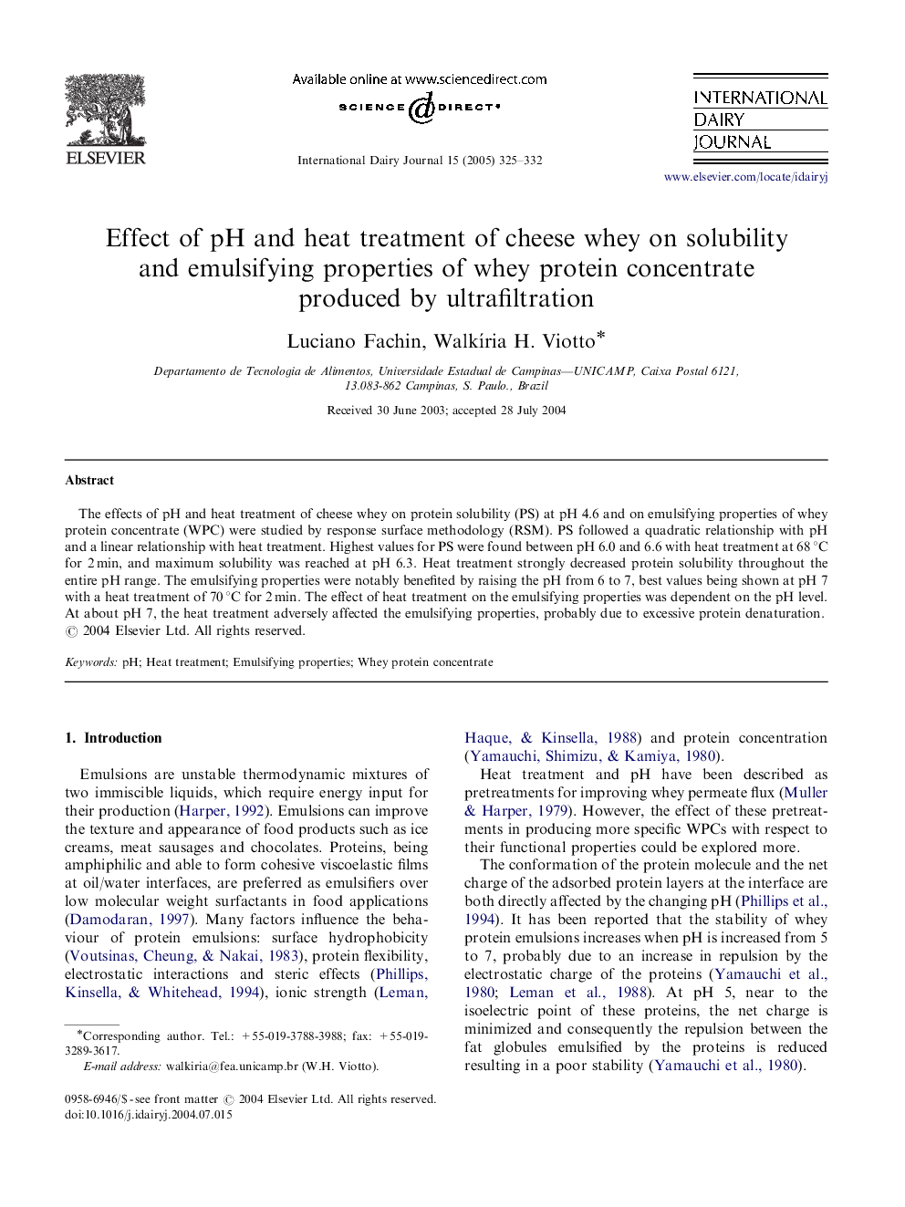 Effect of pH and heat treatment of cheese whey on solubility and emulsifying properties of whey protein concentrate produced by ultrafiltration