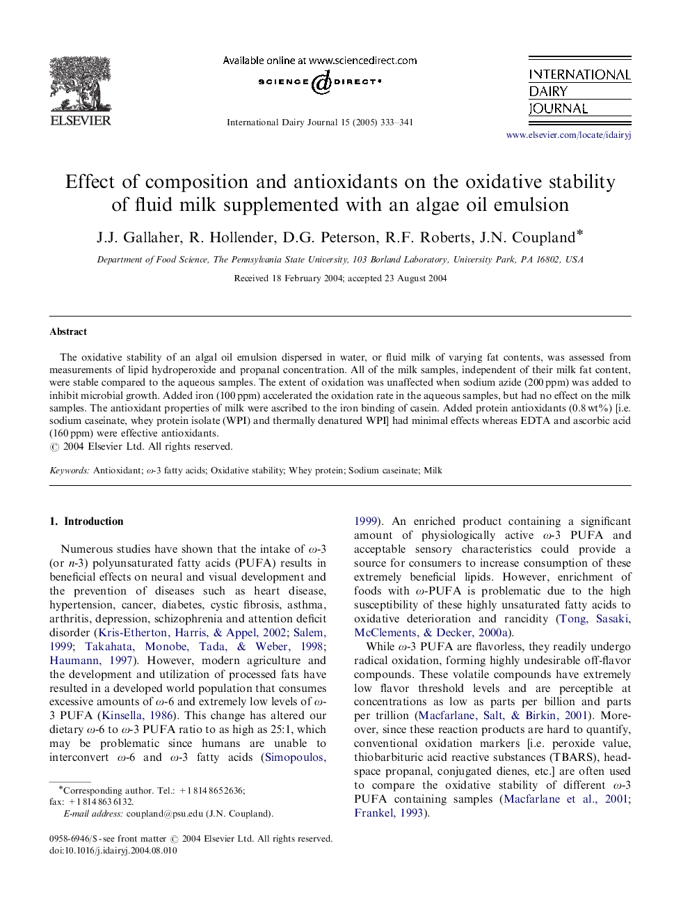 Effect of composition and antioxidants on the oxidative stability of fluid milk supplemented with an algae oil emulsion