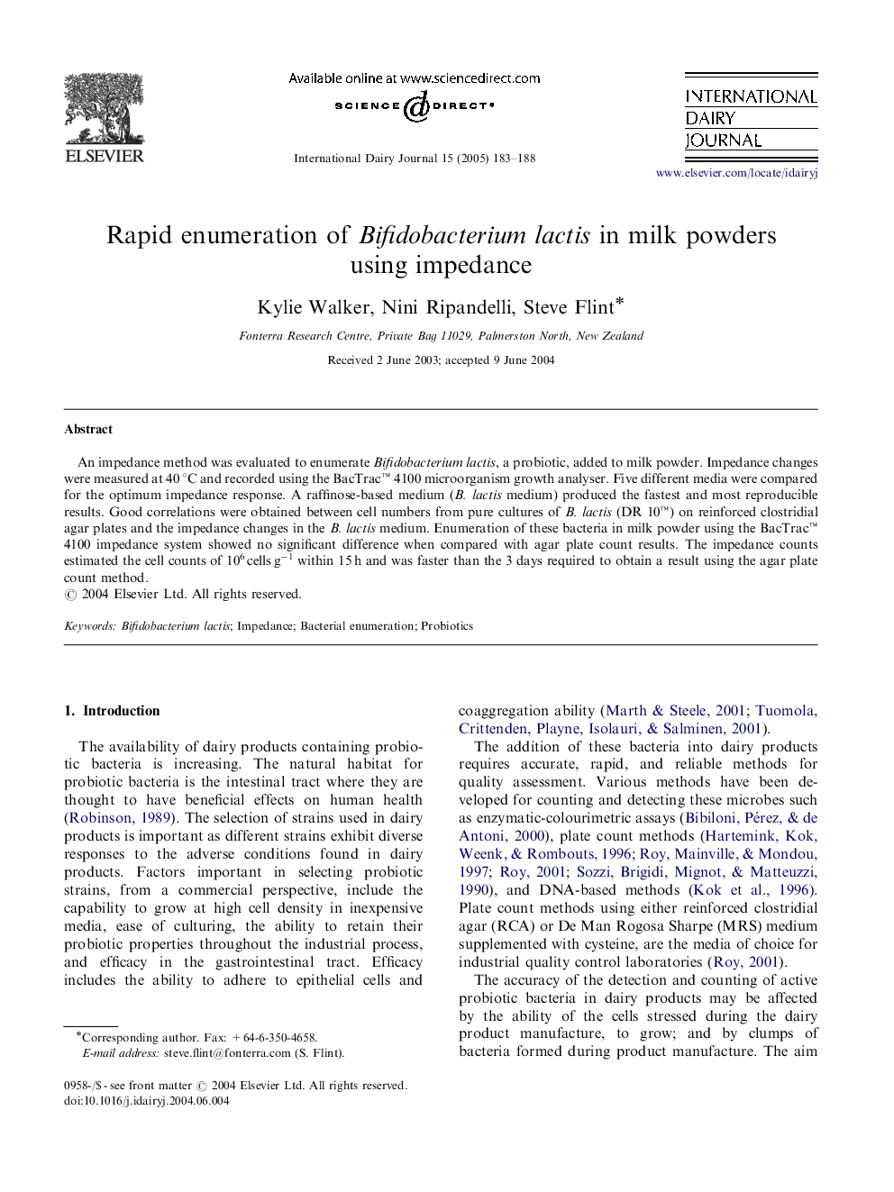 Rapid enumeration of Bifidobacterium lactis in milk powders using impedance