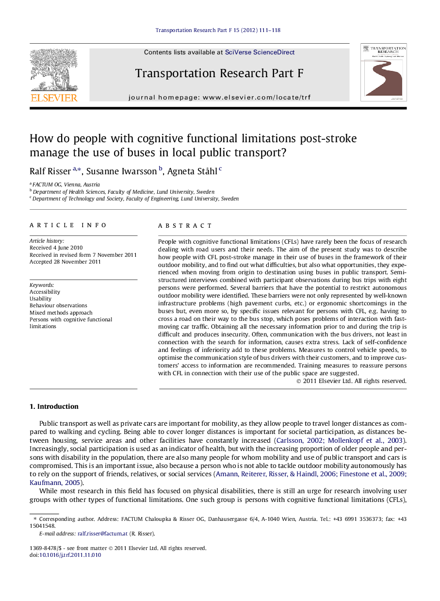 How do people with cognitive functional limitations post-stroke manage the use of buses in local public transport?