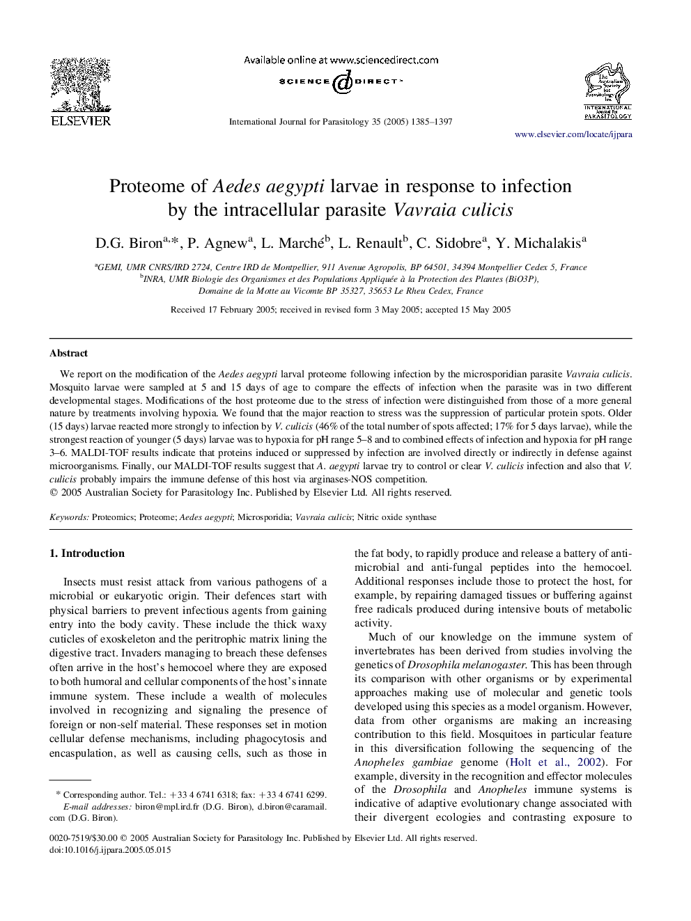 Proteome of Aedes aegypti larvae in response to infection by the intracellular parasite Vavraia culicis