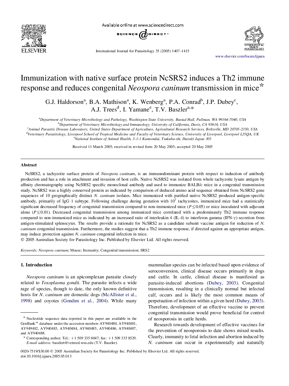 Immunization with native surface protein NcSRS2 induces a Th2 immune response and reduces congenital Neospora caninum transmission in mice