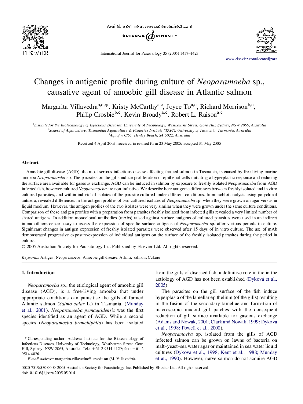 Changes in antigenic profile during culture of Neoparamoeba sp., causative agent of amoebic gill disease in Atlantic salmon