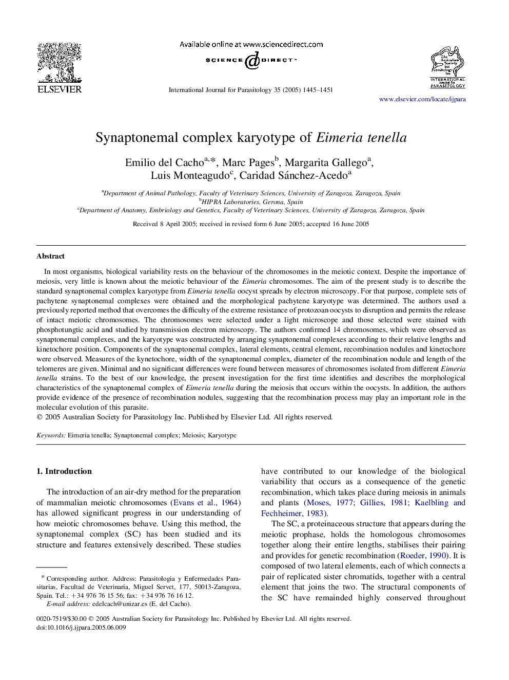 Synaptonemal complex karyotype of Eimeria tenella