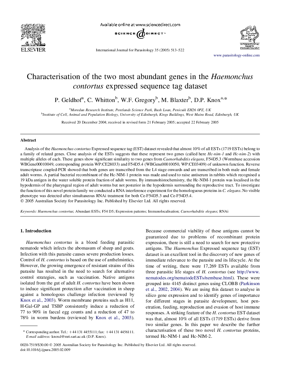 Characterisation of the two most abundant genes in the Haemonchus contortus expressed sequence tag dataset