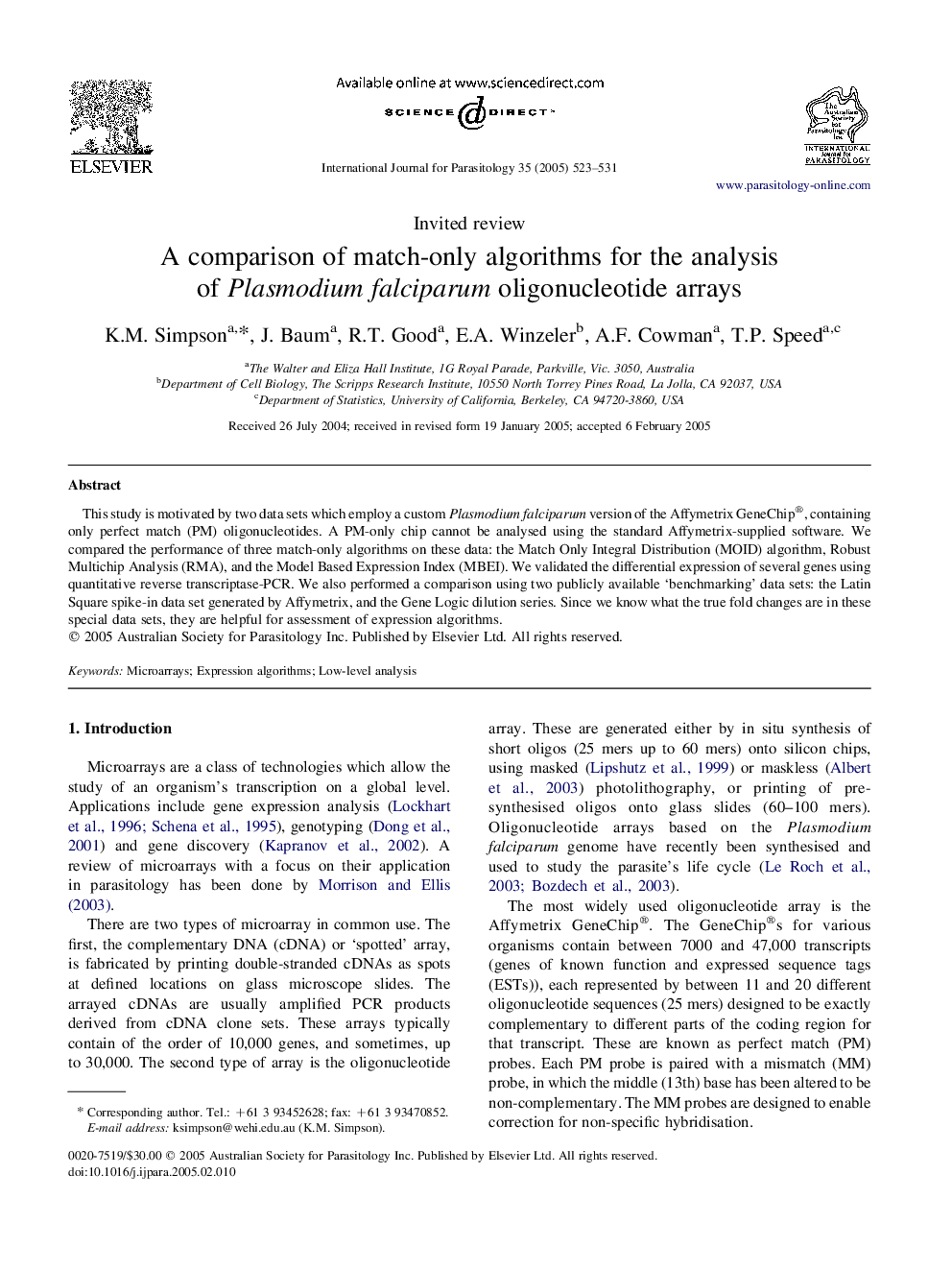 A comparison of match-only algorithms for the analysis of Plasmodium falciparum oligonucleotide arrays