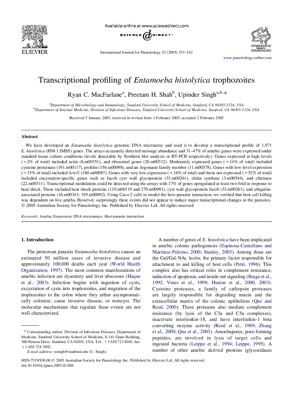 Transcriptional profiling of Entamoeba histolytica trophozoites