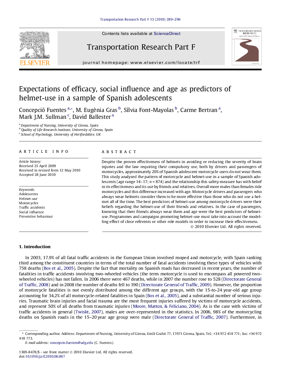 Expectations of efficacy, social influence and age as predictors of helmet-use in a sample of Spanish adolescents