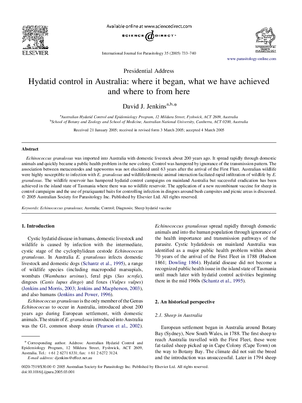 Hydatid control in Australia: where it began, what we have achieved and where to from here