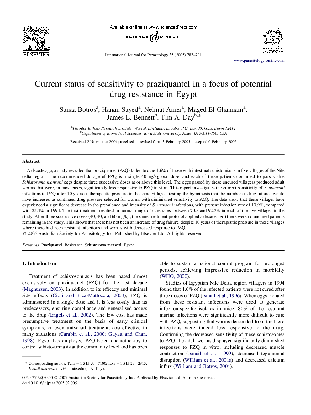 Current status of sensitivity to praziquantel in a focus of potential drug resistance in Egypt