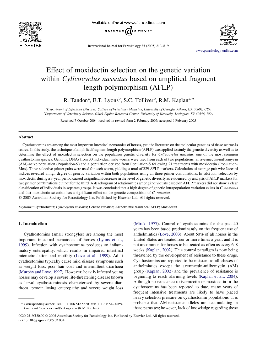 Effect of moxidectin selection on the genetic variation within Cylicocyclus nassatus based on amplified fragment length polymorphism (AFLP)