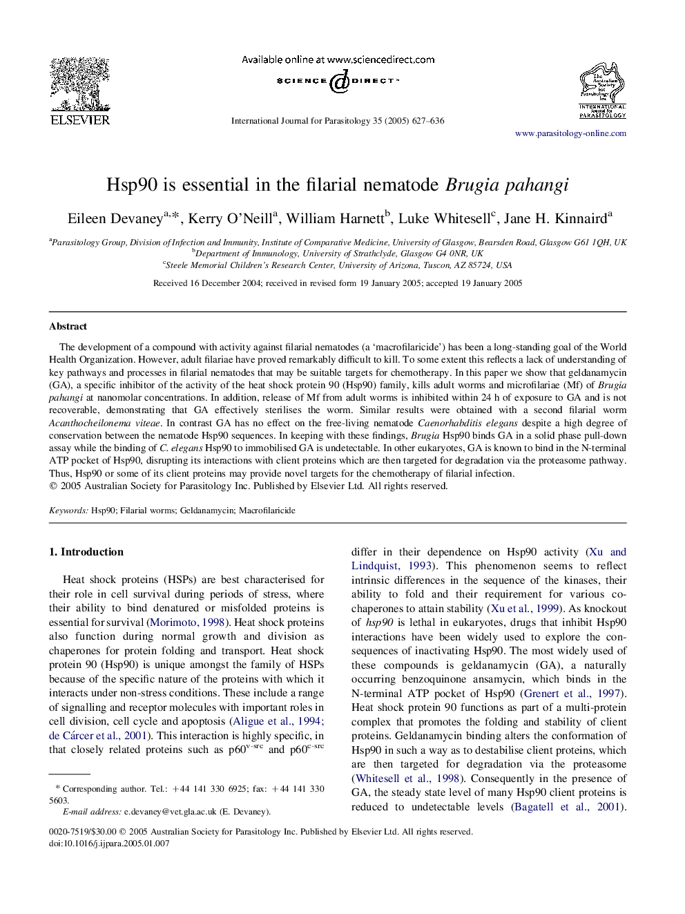 Hsp90 is essential in the filarial nematode Brugia pahangi